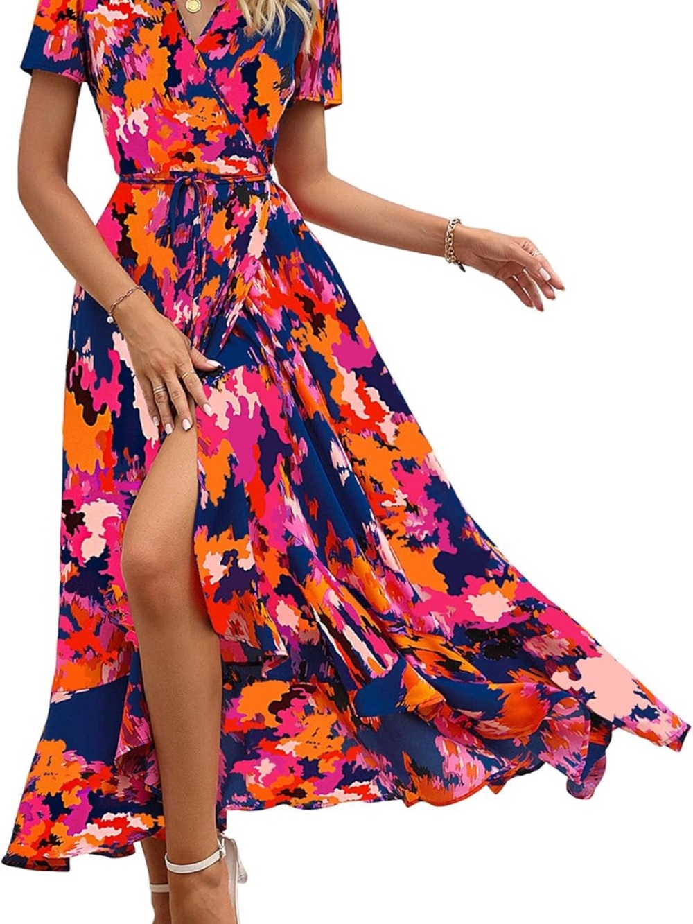 Abstract Floral High-Low Wrap Dress in Pink & Navy